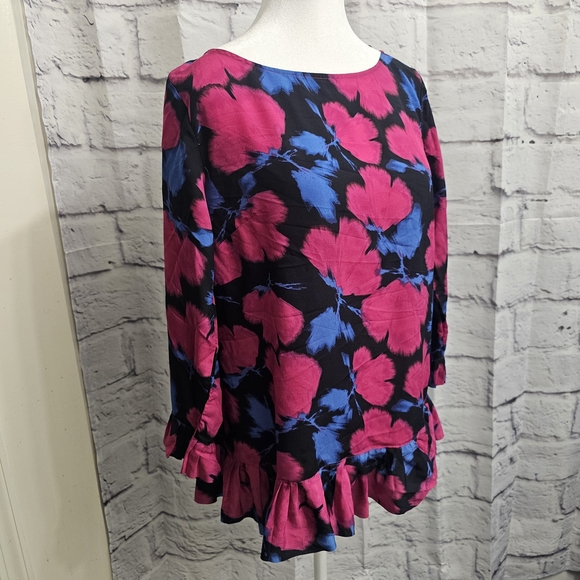 Banana Republic Top Womens Medium Floral Pink Blue Art Bold Pleated Ruffle - Picture 6 of 15